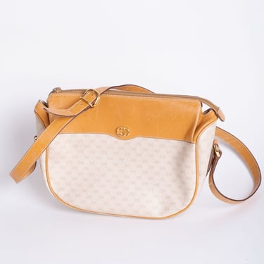 GUCCI 1980s White Monogram Canvas + Leather Crossbody with Double Pockets + Gold Hardware GG Logo Beige Adjustable Accessory Collection 