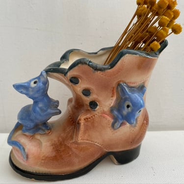 Vintage Mouse Boot Planter, Blue Mice On Boot  Air Planter, Made In Japan 