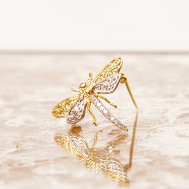 Vintage 14K White &amp; Yellow Gold Diamond Dragonfly Brooch Pin, 10-Diamond Pave, Filigree Wings, Hinged Necklace Loops, 585 Jewelry, 1 1/8&amp;quot; W 