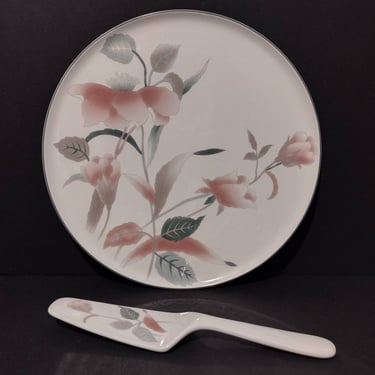 Vintage Mikasa Silk Flowers Ceramic Cake Plate & Spatula Japan 12" 