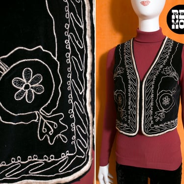 Lovely Vintage 90s does 70s Black Velvet Cropped Vest with White Embroidery 