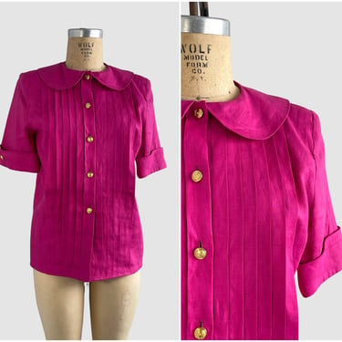 VALENTINO MISS V Italy Vintage 80s Hot Pink Linen Blouse | 1980s Hot Pink Top w/ Peter Pan Collar | 90s Italian Designer Shirt | Size 40 / 6 