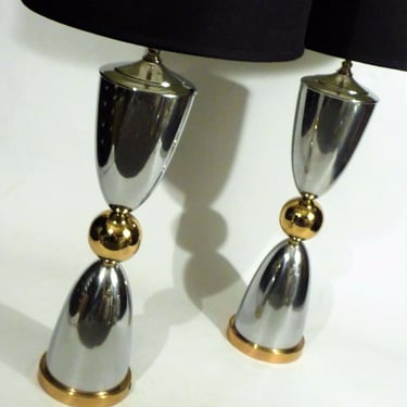 Pair of Polished Aluminum & Brass Hollywood Regency Art Deco Style Lamps 