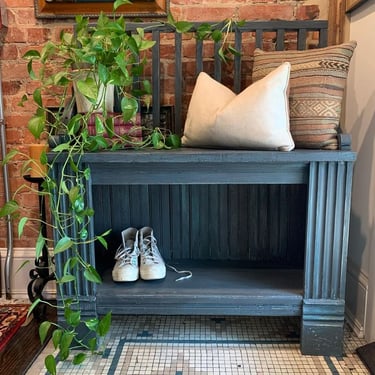 Primitive, reclaimed wood hallway bench with storage