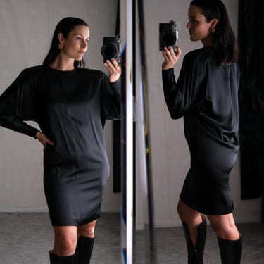 Vintage 80s Linda Allard Ellen Tracy Black Silk Bold Shoulder Avant Garde Dolman Sleeve Mini Dress | 100% Silk | 1980s Designer Silk Dress 