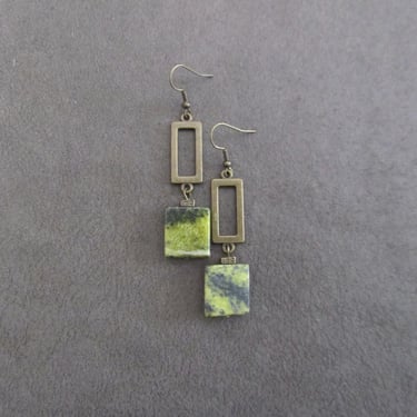 Serpentine earrings, mid century modern earrings, unique ethnic earrings, green stone earrings, minimalist geometric earrings, boho chic 