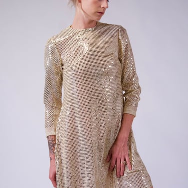 70s Gold Sequin Dress Vintage Sheer Metallic Mini Party Dress 1970s Disco Dress 