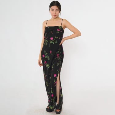 90s Floral Rhinestone Maxi Dress Vintage Black Spaghetti Strap Party Gown High Slit Strappy 1990s Night Out Summer Y2K Sun Dress Medium M 