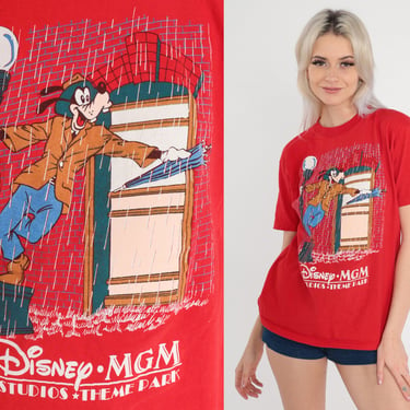 Vintage Disney Shirt 80s Goofy T-Shirt MGM Studios Theme Park Singing in the Rain Graphic Tee Cartoon Tshirt Single Stitch Red 1980s Medium 