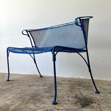 Vintage 1960s Mid Century Modern Wrought Iron Mesh Garden Patio Settee Loveseat In The Style of Salterini 