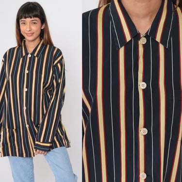 Black Striped Blouse 90s Button up Shirt Yellow Red White Vertical Stripes Long Sleeve Collared Top Pockets Vintage 1990s Extra Large xl 
