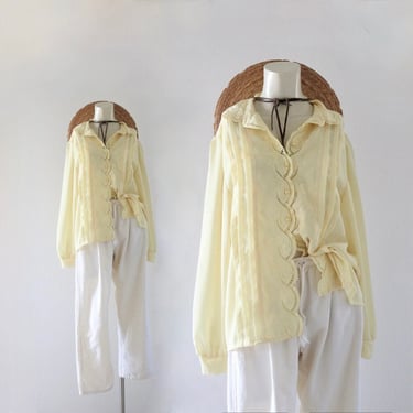 cutwork chiffon blouse - m - womens vintage 90s yellow pastel button long sleeve sheer lace collared top shirt size medium 
