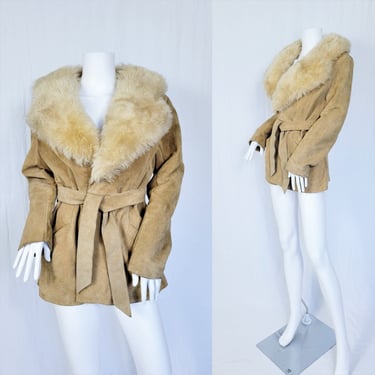 1970's Tan Suede Cropped Wrap Shearling Collar Jacket Coat I Sz Lrg 