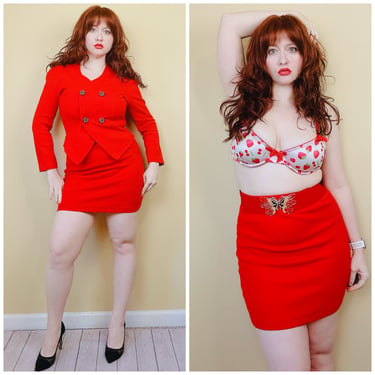 1990s Vintage Mod Int'l Red Double Breasted Skirt Set / 90s / Body Con Mini Skirt and Jacket / Size Medium 