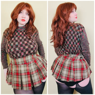 Y2K World Brand Plaid Micro Mini Skirt / Vintage Low Rise Pleated Schoolgirl Brown and Red Skirt / Medium - Large 