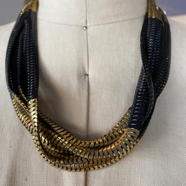 1980s necklace. multi strand, vintage jewelry, black and gold, thick chain, striped, 80s necklace, bold, chunky 
