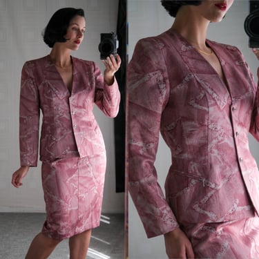 Vintage 90s ELSA MAHR Paris Cotton Denim Print Structured Blazer & Skirt Suit in Deep Rose | Made In France | 1990s Designer Two Piece Set 
