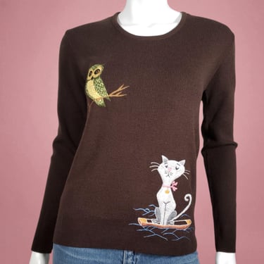 Vintage novelty sweater deadstock 60s 70s cute animal owl atomic cat kitty embroidered chocolate brown crew neck pullover fitted (S - M) 