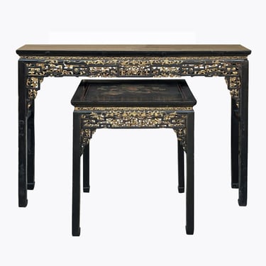 Set Chinese Vintage Black Golden Carving Motif Tall Altar Square Table cs7784BE 
