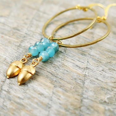 Gold Acorn Earrings, Blue Gemstone Hoop Earrings, Nature Jewelry, Beach Jewelry 