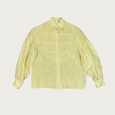 (M) 80s Silk Floral Jacquard Yellow Blouse