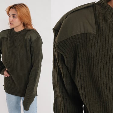 Wool Army Sweater Y2K Military Sweater Olive Drab Green Commando Pullover 00s Vintage Grunge Elbow Patch Ribbed 48 Extra Large xl 