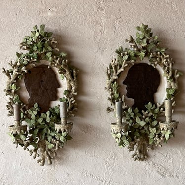 Pair of Edouard Chevalier Sculpted Resin Sconces with Silhouettes