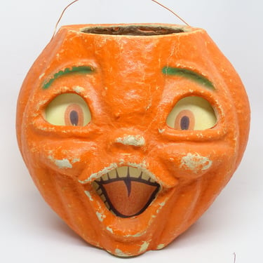 Large 7 1/4 Inch Double Face 1950's Halloween Jack-O-Lantern, Vintage with Pulp Paper Mache, JOL Face on 2 sides 