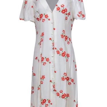 Reformation - White &amp; Red Floral Midi &quot;Locklin&quot; Button Front Dress Sz 10