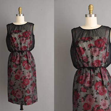 vintage 1950s Dress | Black Chiffon Pink Floral Print Wiggle Dress | Small 