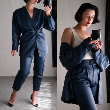 Vintage 80s ESTRELLA Navy Lambskin Leather Longline Double Breasted & Pleated Buckle Belted Pant Set | Made in Spain | 1980s Designer Suit 