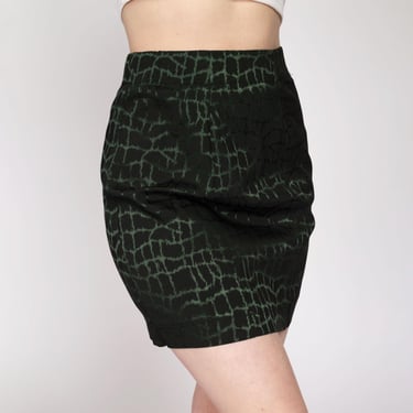 Medium 90s Alligator Print Emerald Green Mini Skirt | Vintage Alberto Makali High Waisted Fitted Pencil Skirt 