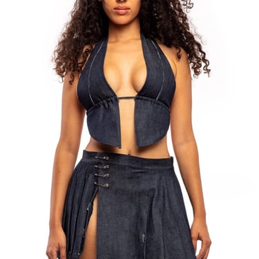 BUTTERFLY HALTER IN RAW DENIM