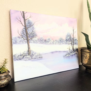 Lavender Winter Lake Landscape Painting, Artist Signed 