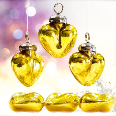 VINTAGE: 5pc Small Thick Mercury Glass Heart Ornaments - Mid Weight Kugel Style Ornaments - Gold Heart Pendants - SKU 34 
