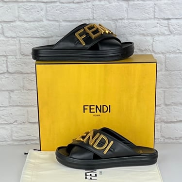 Fendi  Fendigraphy Criss Cross Leather Slide Sandals, Size 8, Black