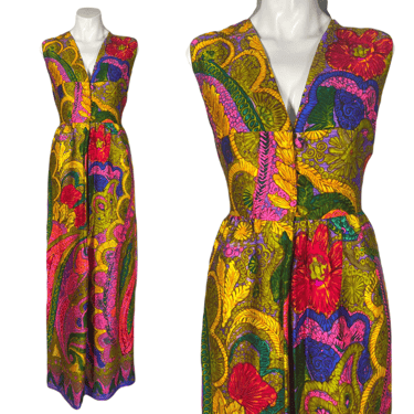 1960's Neon Tiki Maxi Dress Size L