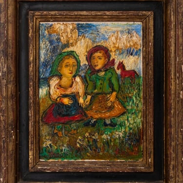 David Burliuk "2 Women & Red Horse" Oil on Canvas