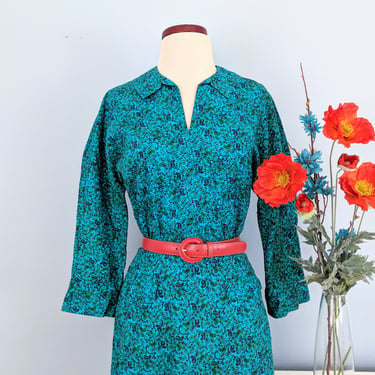 Vintage 1950s Cotton Wiggle Dress, 1950s Blue Paisley Day Dress, 1950s Long Sleeve Collared Floral Shirt Dress 