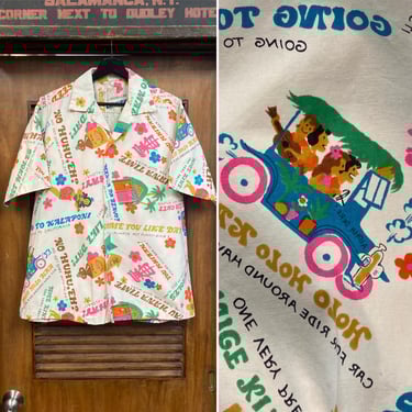 Vintage 1960’s Cartoon Pop Art Cotton Tiki Mod Funny Hawaiian Shirt, 60’s Vintage Clothing 