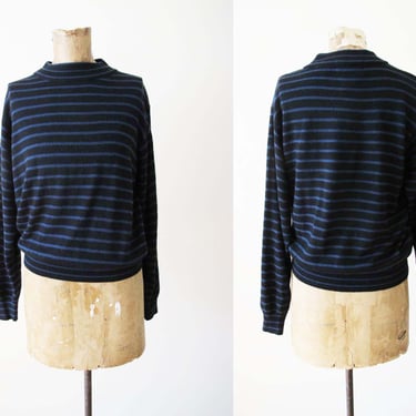 90s Striped Mockneck Long Sleeve Shirt S - 1990s Blue Black Tall Neck Blouse - Minimalist Knit Top 