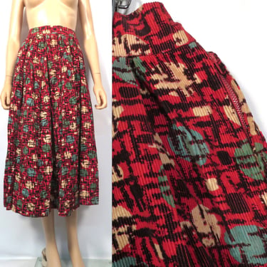 Vintage 50s Kitschy Atomic Print Corduroy Full Pleated Midi Skirt Size 28 Waist 