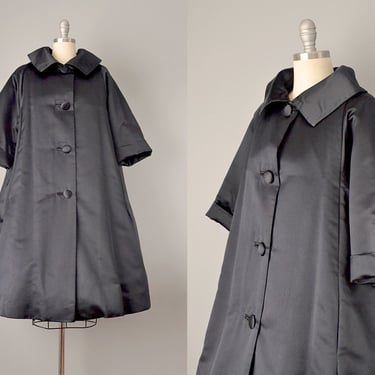 1950s Evening Coat / 1950’s Black Silk Satin Evening Coat / Opera Coat / New Look Coat /  M-L 
