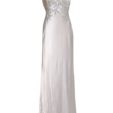 Carmen Marc Valvo - Silver Satin Beaded Sleeveless Dress Sz 12