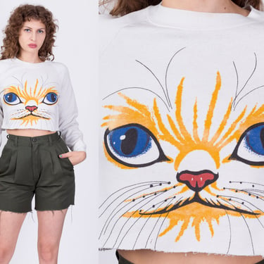 80s Cat Face Cropped Sweatshirt - Medium | Vintage White Funny Graphic Animal Crop Top Pullover 