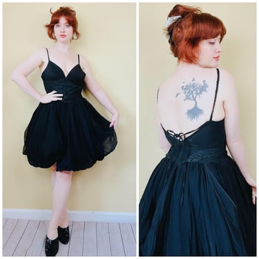 Y2K Bebe Black Silk Bubble Dress / Vintage Taffeta Plunging Back Pleated Party Dress / Size Medium 