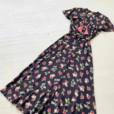 1940s Black Rose Novelty Print Cold Rayon Flutter Sleeve Dress 