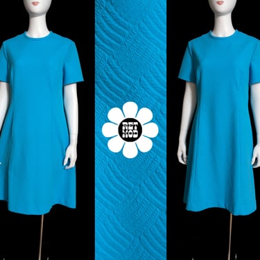 Plus Size Mod Vintage 60s 70s Blue Polyester Short Sleeve Dress 