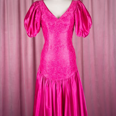 Vintage 80s Dance Allure by Alfred Angelo Hot Pink Lace and Satin Trumpet Dress with Balloon Sleeves and Bow 