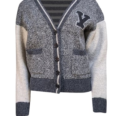 Yves Saint Laurent - Grey and White Wool Letterman Style Cardigan Sz S